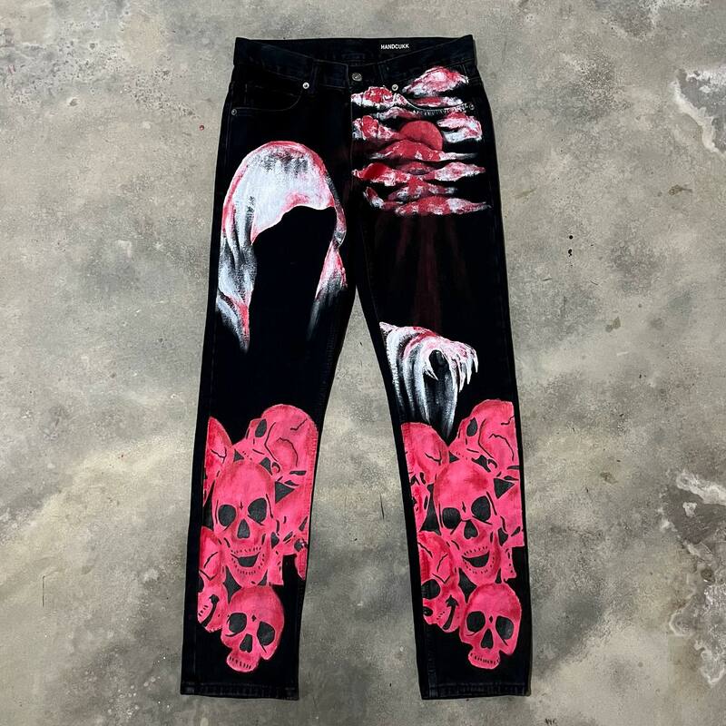 Harajuku Skull Graphic Black Jeans Trouser New Wide Leg Jean Streetwear Y2K Denim Mens Style Couples High Waist Pants