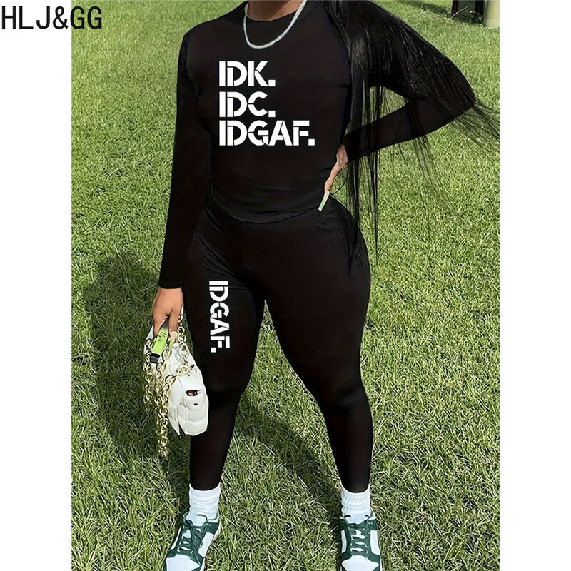 Женский брючный костюм HLJ & GG, черный повседневный комплект из двух предметов с принтом букв, топ с круглым вырезом и длинным рукавом и облегающие брюки, 2024