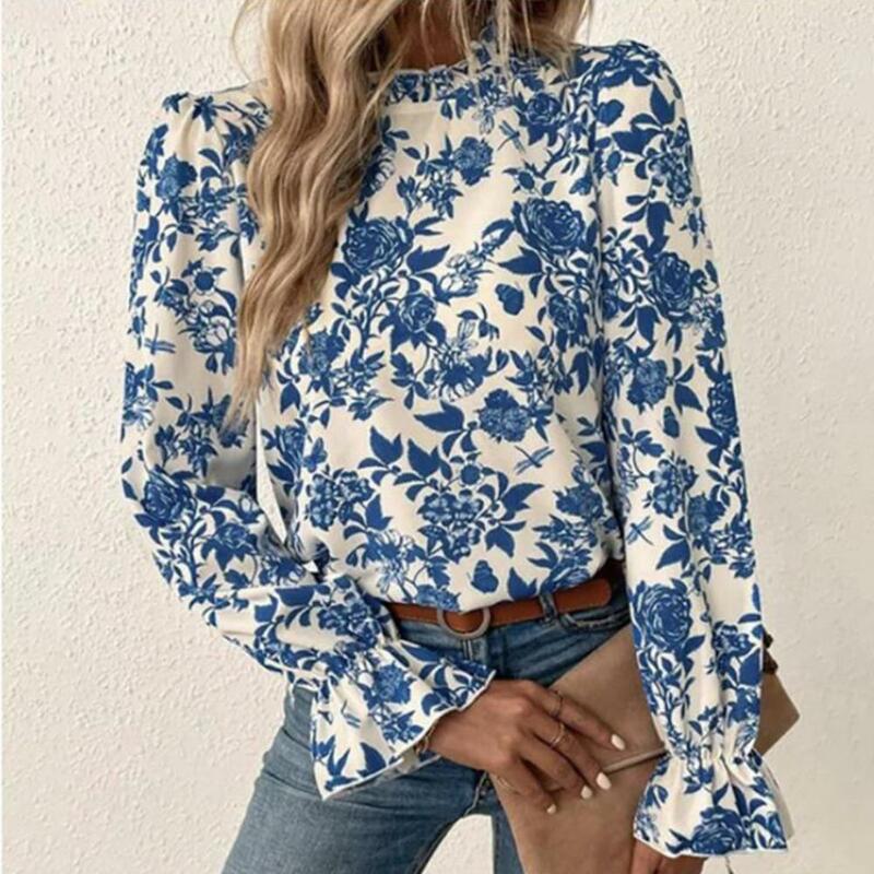 Elegant 2023 Women Shirt Ruffle Cuffs Long Sleeve Lace Trim Mock Neck  Floral Pattern Blouse Top