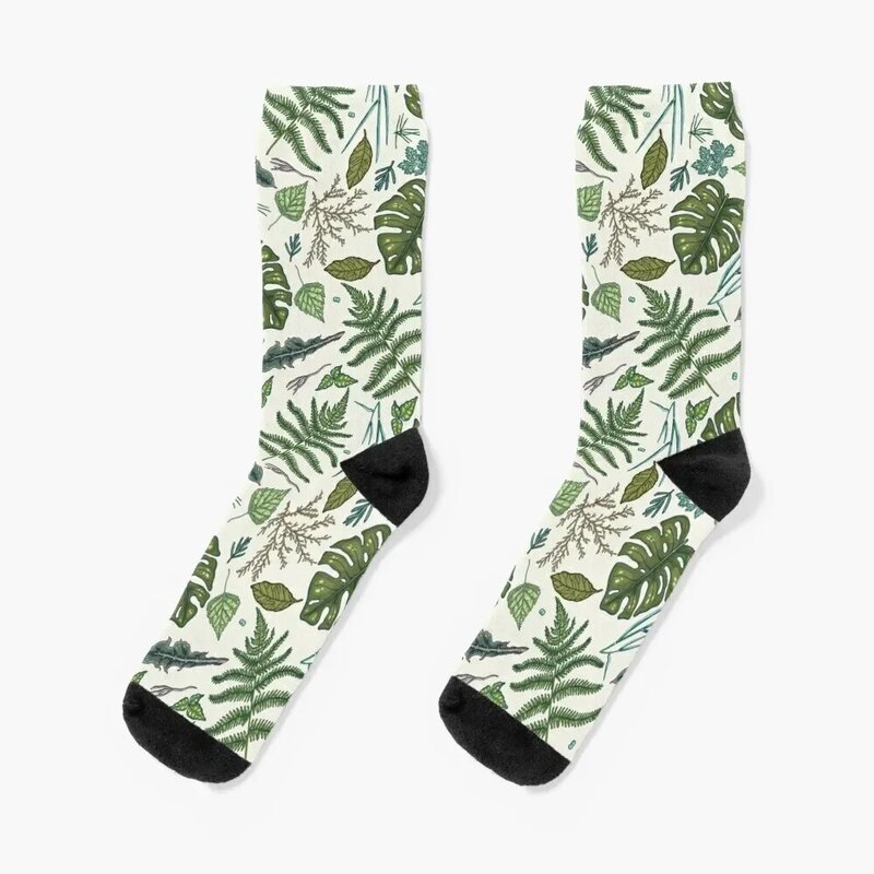 Meias antiderrapantes com padrão de folhas verdes para homens e mulheres, meias de futebol com impressão