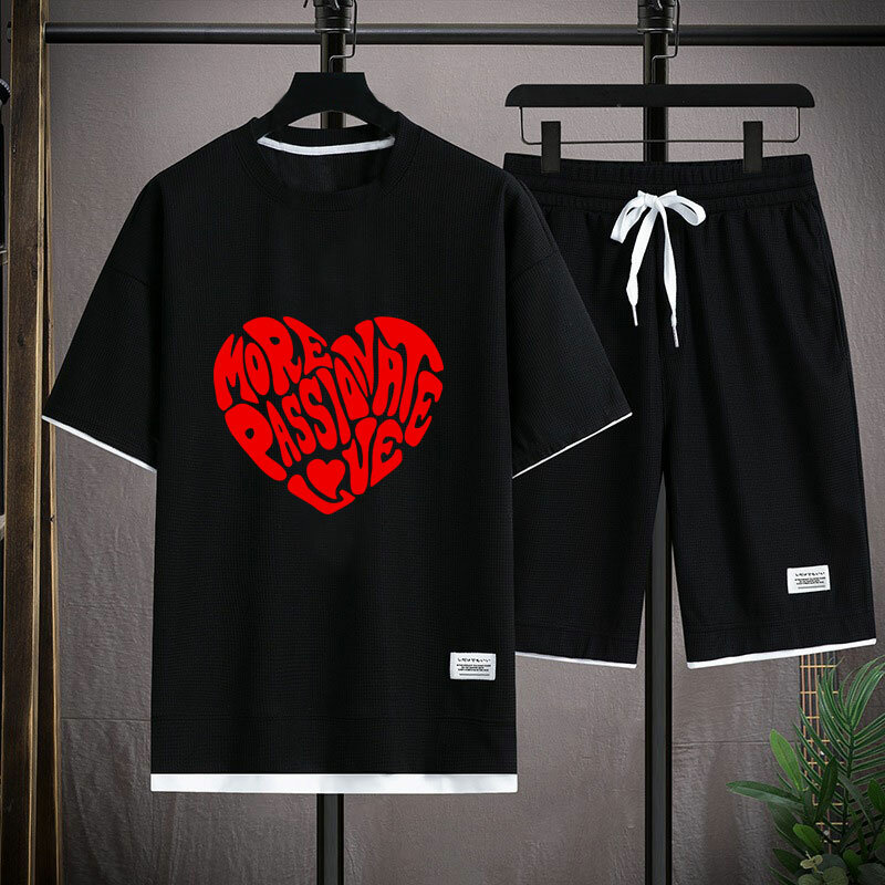 New Men's Two Piece Sets MORE PASSIONATE LOVE T-Shirt And Shorts Summer High-Quality Mens Sports Suit Harajuku Casual Tracksuit