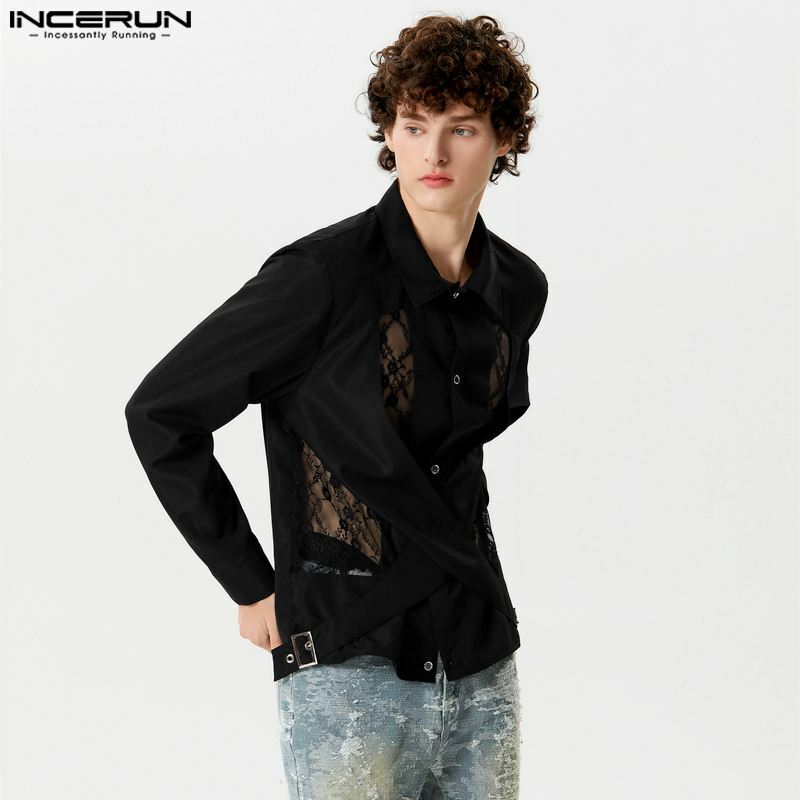 INCERUN-Blusa de manga larga para hombre, camisa informal con diseño cruzado de encaje de retales, a la moda, gran oferta, S-5XL