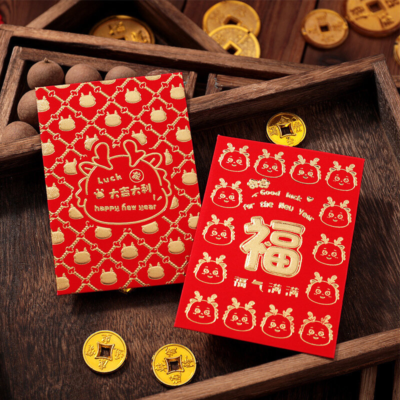 Bolsa de dinero de dibujos animados, 6 piezas, 2024, estilo chino, paquete rojo, monedero de bendición de Año Nuevo, regalo de suerte, sobres rojos, suministro para Festival
