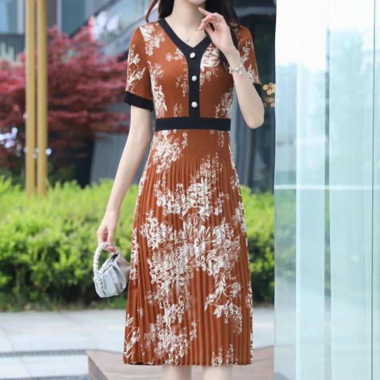 Elegant Chiffon V-Neck Stylish Print Folds Spliced Midi Dress Women's Clothing Summer Office Lady Ladies Short Sleeve Slim Dress