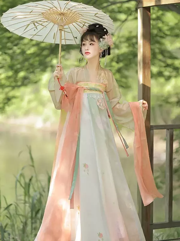 한푸 여성 꽃무늬 스커트, 당나라 제작, 가슴 길이, 부러진 스커트, 데일리 스타일, 자수 프린트, 여름