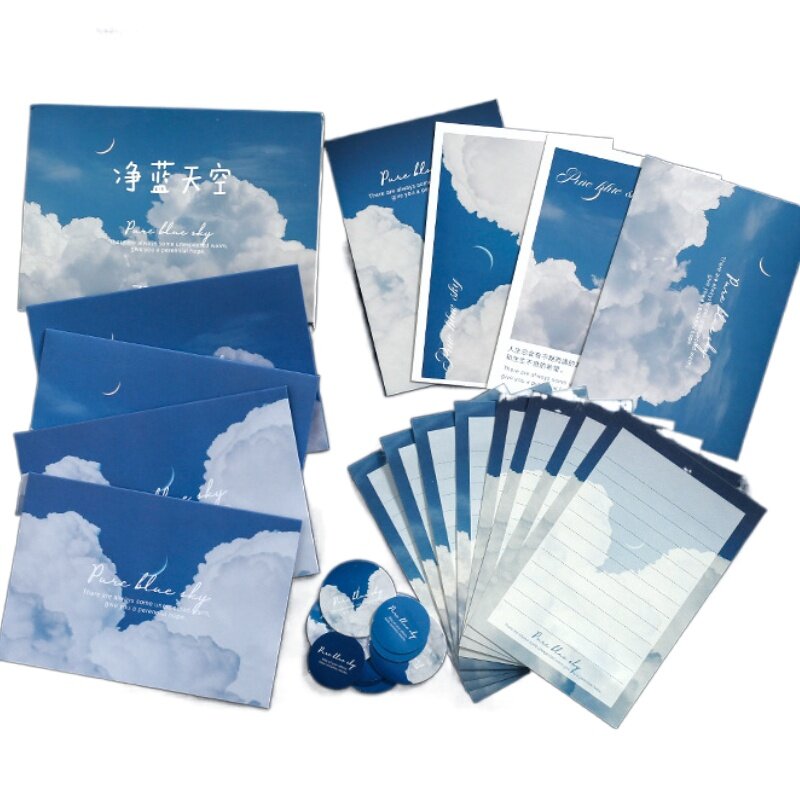 Cartão vintage conjunto com etiqueta de selagem, céu e nuvens impressões, papel carta, material escolar
