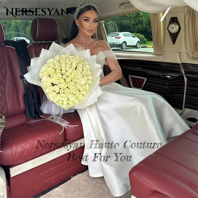 Nersesyan Elegant Satin Wedding Dresses Tulle Beadings Off The Shoulder Pleats Bridal Gown A Line Draped Vestidos De Novia 2023