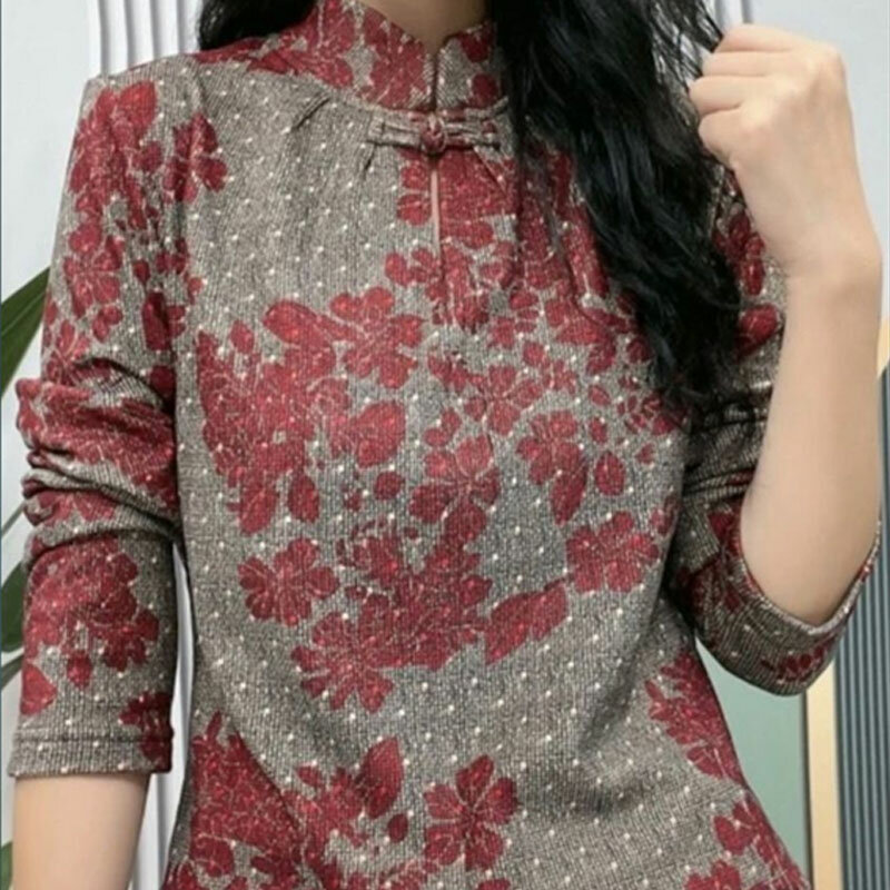 Camisa con estampado Floral Vintage para mujer, blusa de cuello alto holgada con hebilla de disco chino, ropa de primavera y otoño