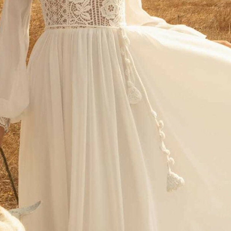 Boho Deep V-Neck Wedding Dress Chiffon Long Lantern Sleeve Lace Appliques Simple Belt Bride Gown Backless Train Vestido De Novia
