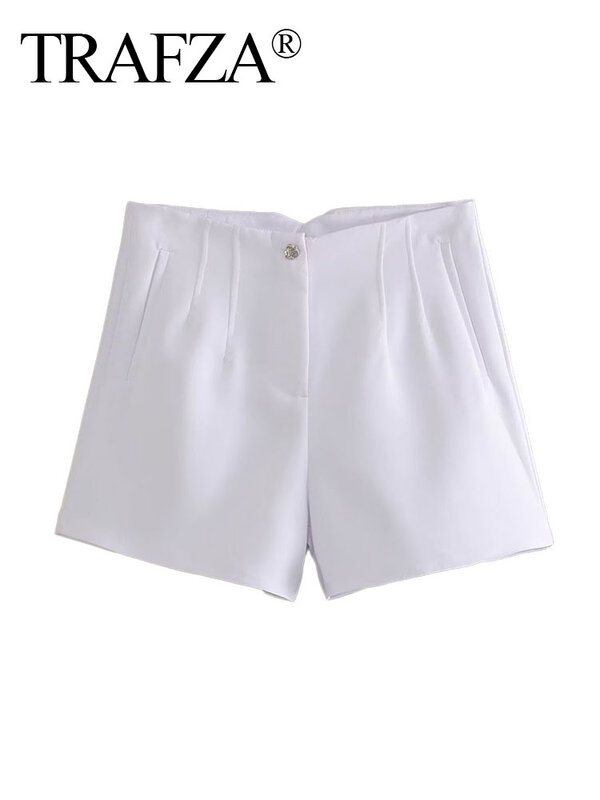 Trafza Zomer Shorts Vrouw 2024 Trendy Witte Hoge Taille Zak Knoop Versieren Met Rits Vrouwelijke Mode High Street Korte Broek