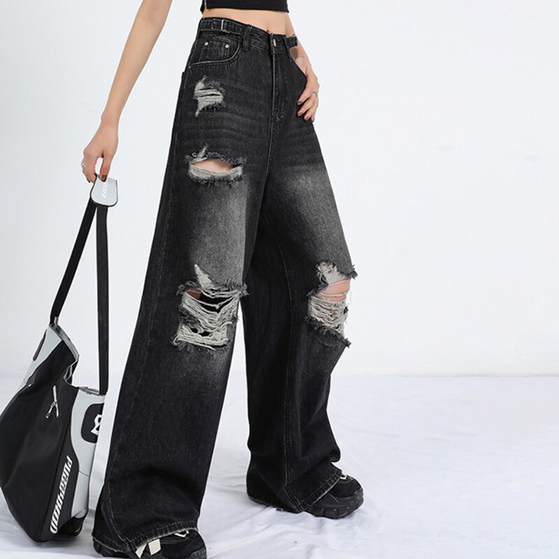 Damskie porwane dżinsy Y2K High Street spodnie typu Boyfriend Retro sprane czarne dżinsy z prostymi nogawkami 2024, moda uliczna