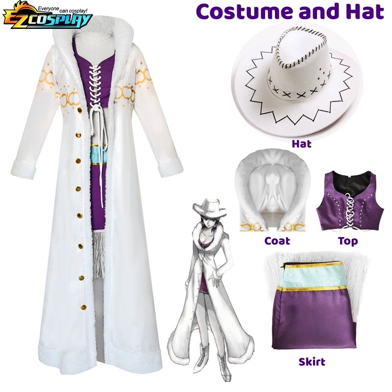Nico Robin Costume Cosplay Anime One Piece Purple Dress uniforme collo di pelliccia lungo mantello bianco vestito Punk Halloween per adulto