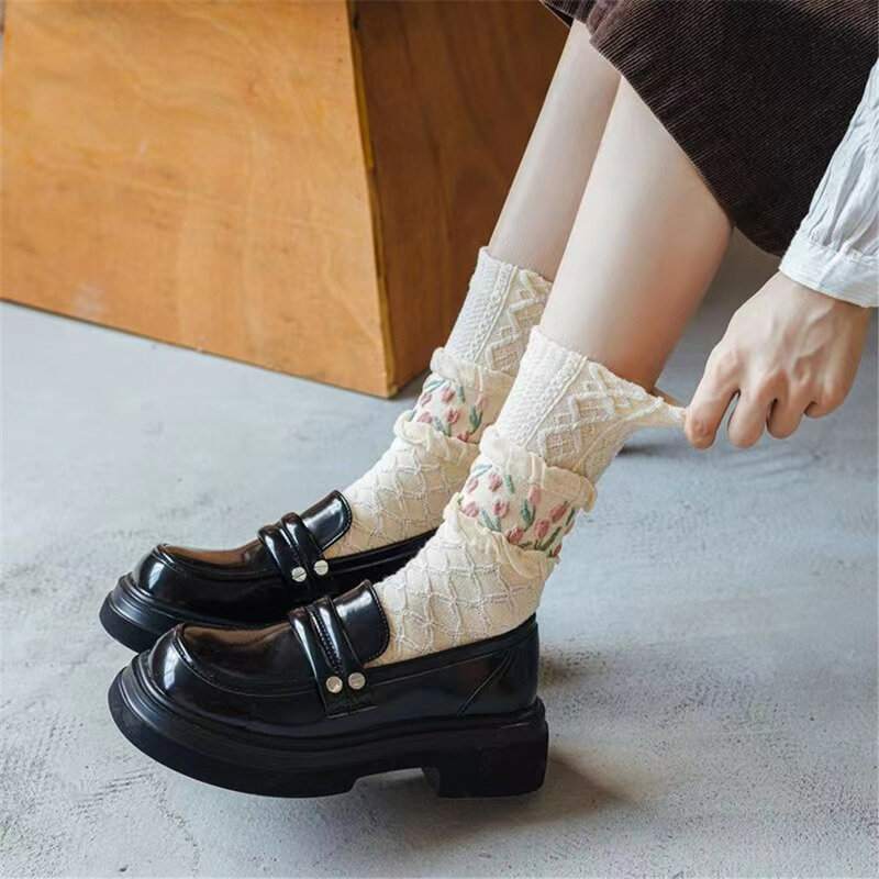 New Women Socks Korean Style Flower Trend Casual Cotton Socks Girls Frilly Ruffle Cute Sweet Breathable Kawaii Mid-Calf Socks