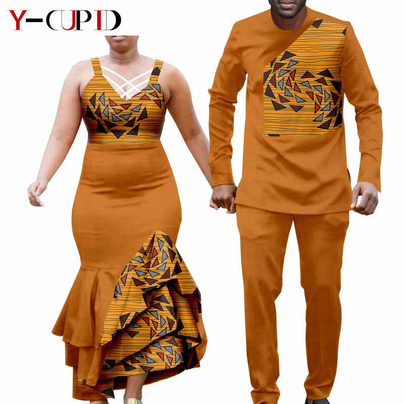 Pakaian Afrika untuk pasangan cetak gaun panjang untuk wanita Dashiki pria pakaian kemeja dan celana 2 potong set untuk pernikahan A21C005