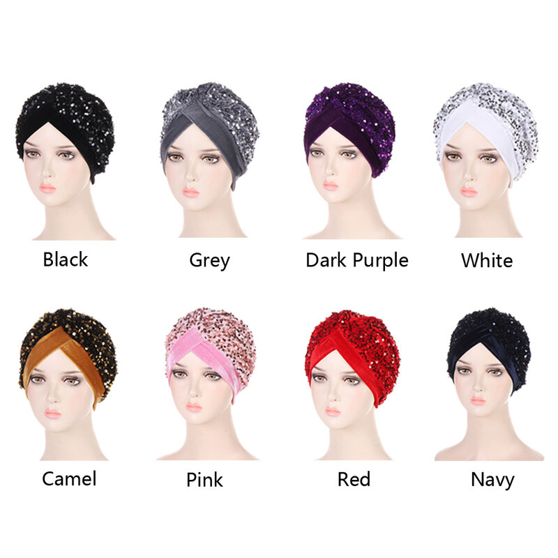 Turbante de lentejuelas con purpurina para mujer, gorro de quimio, de Color sólido Hijab, envoltura para la cabeza, pañuelo para la cabeza elegante, diadema elástica