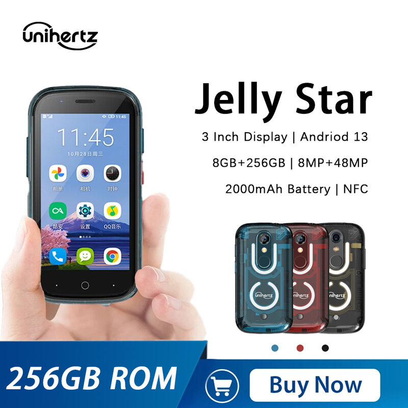 Unihertz Jelly Star Mini Smartphone Android 13  8GB 256GB Led Light Unlocked Transparent Backshell 48MP 3 Inch Small Cell Phone