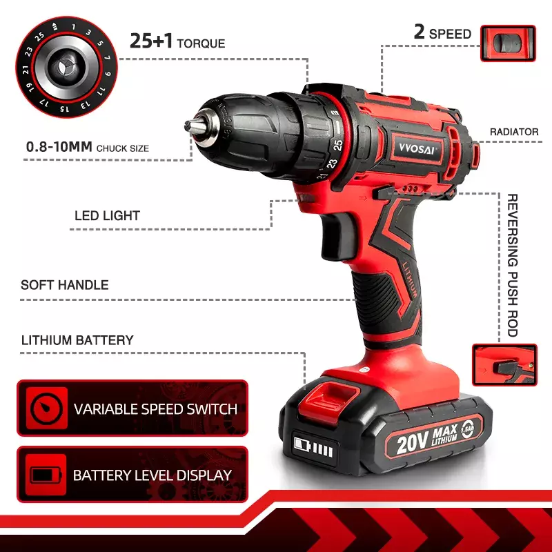 VVOSAI 12V 16V 20V Cordless Drill Electric Screwdriver Mini Wireless Power Driver DC Lithium-Ion Battery 3/8-Inch