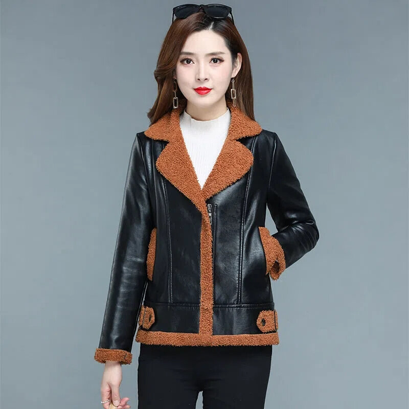 Новинка 2022, женское короткое пальто, утепленная флисовая двухсторонняя теплая кожаная верхняя одежда с мехом, женские облегающие топы, куртки