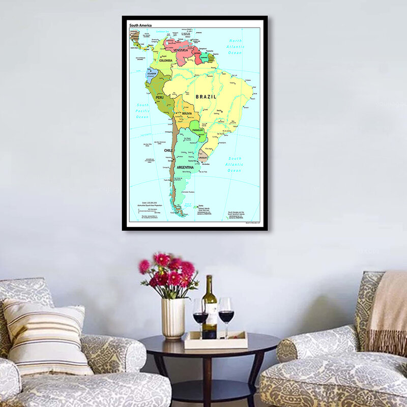42*59cm o mapa da américa do sul em inglês, arte da parede, pôster, pintura em tela, viagem, material escolar, decoração de casa da sala de estar