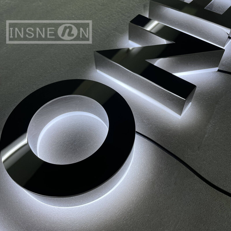 Benutzer definierte Edelstahl leuchtenden Charakter Spiegel poliert hinter leuchtete Kanal Buchstaben Außen werbetafel Firma LED-Zeichen