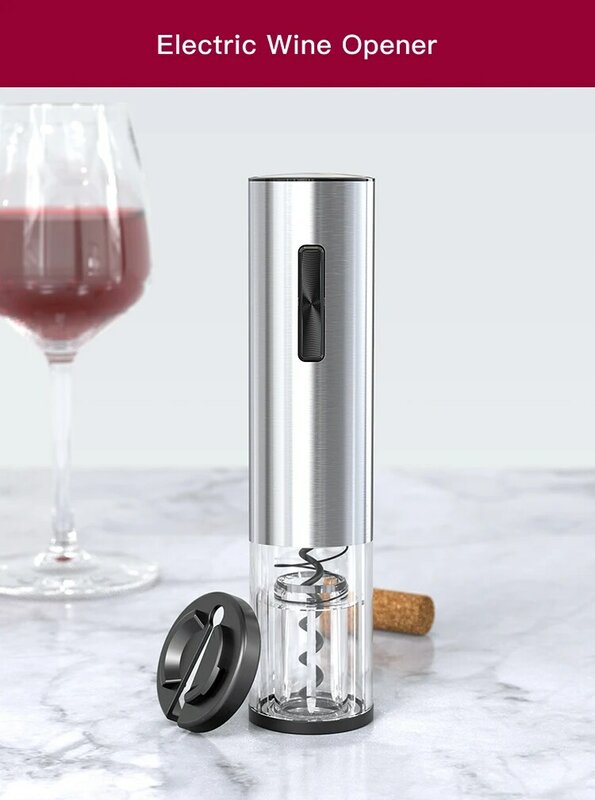 Sacacorchos eléctrico para botellas, abridor de vino automático de un toque con vertedor aireador 2 en 1, cortador de papel de aluminio, tapones de preservación al vacío
