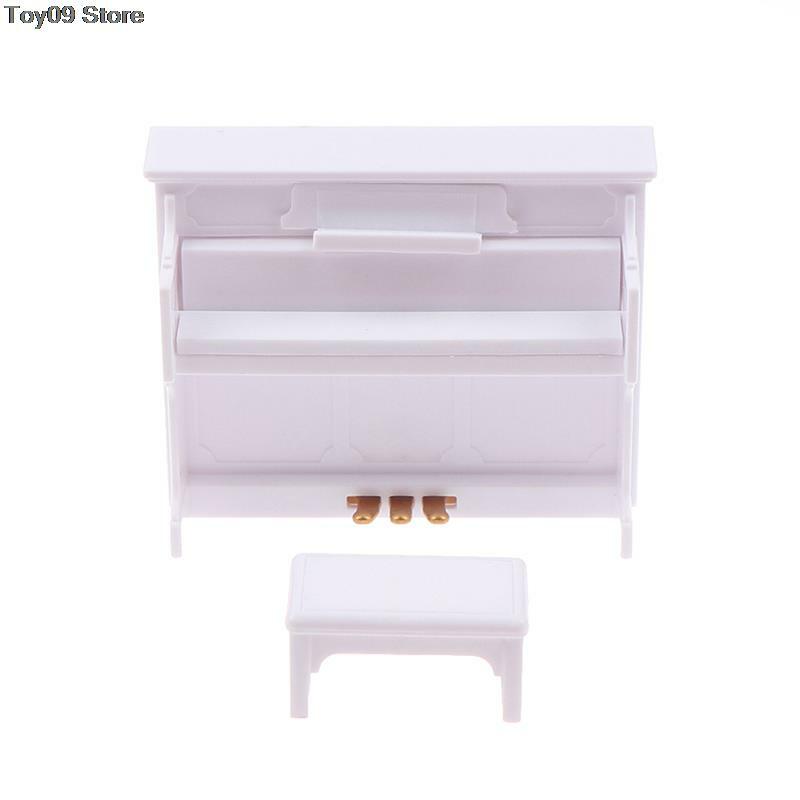 Piano de cola de madera con taburete, modelo de casa de muñecas en miniatura blanca exquisita para casa de muñecas, accesorios de juguetes de juego, 1 Juego, 1:12