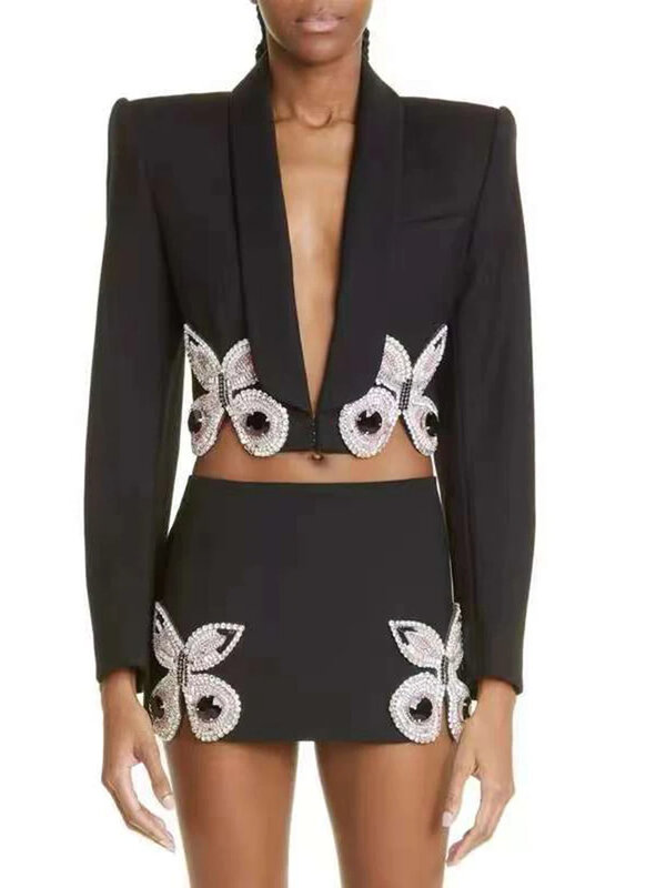 Mulheres mangas compridas diamante borboleta cristal top e conjunto de saia curta, ternos pretos sexy, celebridade designer de moda