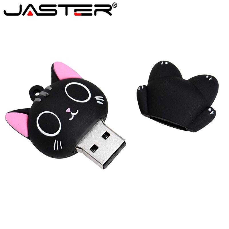 JASTER USB 2.0 Flash Drive 128GB Black Pendrive 64GB Cute cat Cartoon U Disk 32GB Free key chain Memory Stick Gifts for Children
