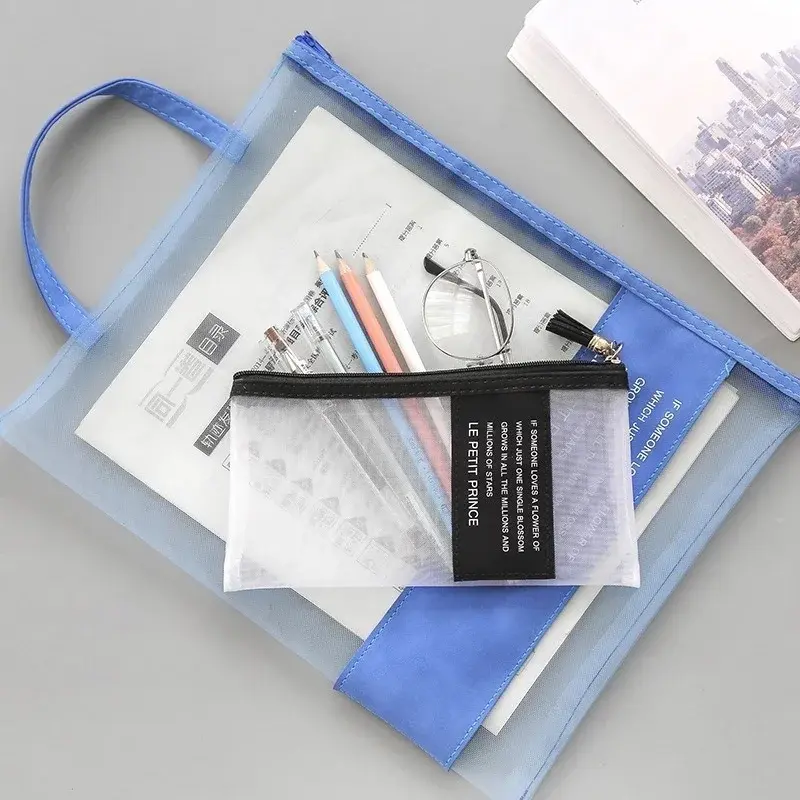 학생용 메쉬 지퍼 문서 가방, 시험지 포켓 폴더 정리함, 투명 A4 토트 백, 사무실 학교 용품