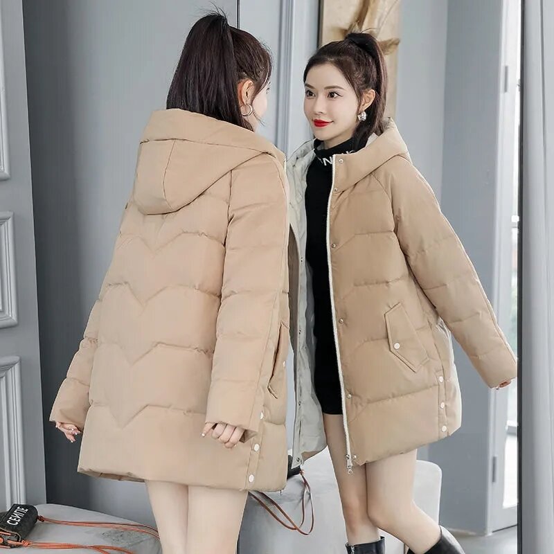 Mantel parka wanita bertudung, jaket Korea longgar dengan bantalan kapas tebal hangat musim dingin 2023