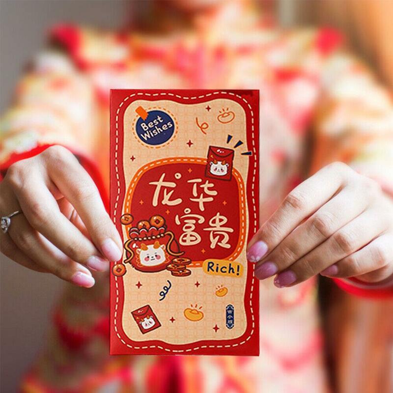 6 шт. 2024 красный конверт с китайским драконом, креативный Весенний фестиваль, день рождения, подарок для детей, счастливые деньги, конверты, красный пакет конверт