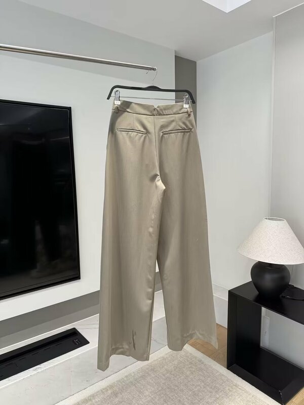 Women's 2024 New Fashion Joker Casual Pleated Side Pocket Straight Pants Retro High Waist Zipper Women's Trousers Mujer