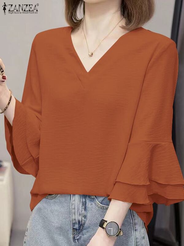 ZANZEA Women Texture Fabric V-Neck Tops 2024 Summer Elegant Office Tunic Vintage Ruffled 3/4 Sleeve Blouse Casual Loose Blusas