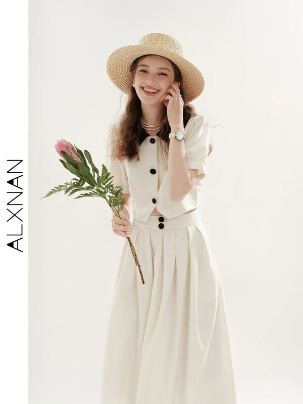 ALXNAN Women's Shirt And Dress Suit 2024 Summer French Loose Waist A-LINE Cardigan Lapels Female Ankle-Length Dresses TM00105