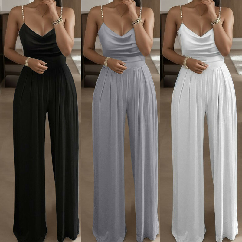 Sexy Pearl Sling Jumpsuits Elegant Rompers 2024 Summer Jumpsuit Women Wide Leg Playsuits Soild Color Casual V-Neck Overall