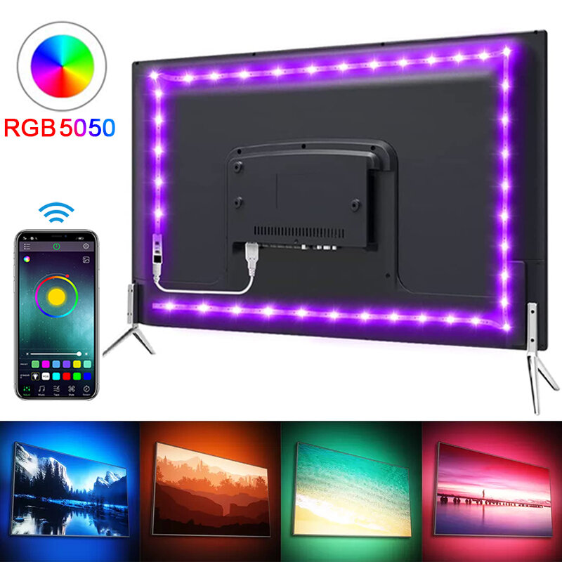 RGB LED Strip Light para TV Backlight, Bluetooth App, USB, Fita flexível, Fita de diodo para decoração de jogos, 5050, 5V