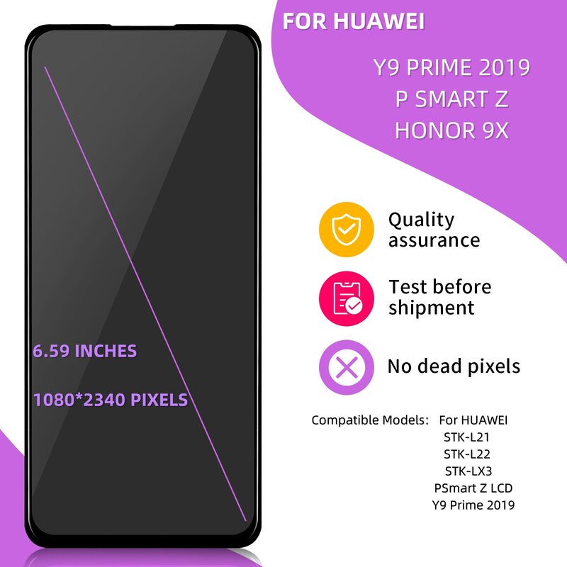 携帯電話用デジタイザーLCDディスプレイ,Huawei y9 Prime 2019 p smart2 Honor 9x,y9 Prime 20, 6.59インチ