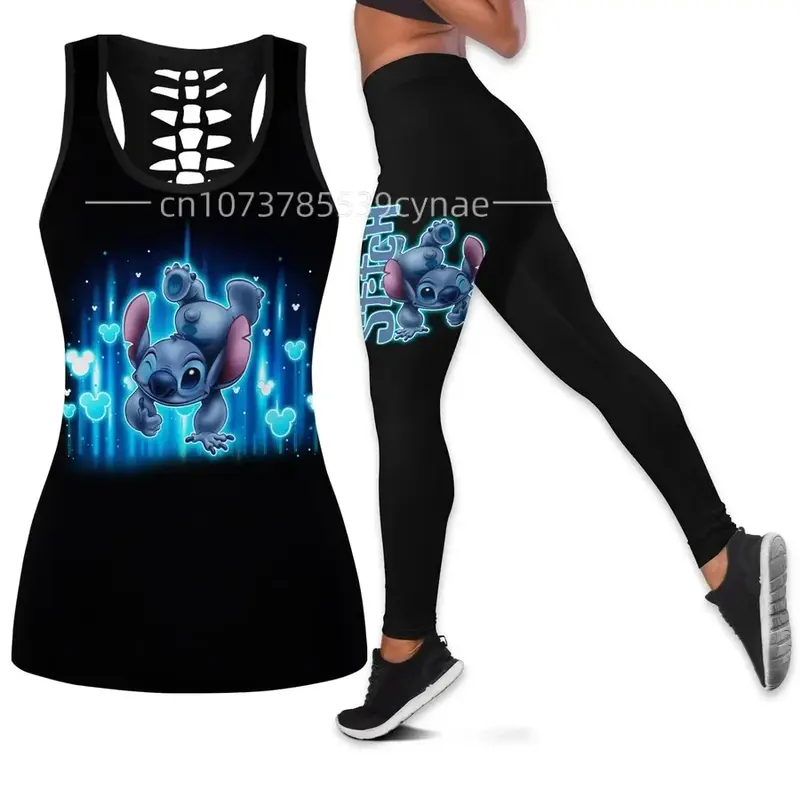 2024 Disney Stitch damska książka z wydrążonym podkoszulkiem damski legginsy Fitness do jogi strój sportowy legginsy Disney Tank Top