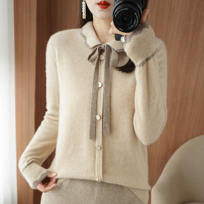 여성용 스퀘어 칼라 긴팔 니트 코트, 100% 메리노 울 스웨터, 한국 패션, 여성 상의, 용수철 신상 패션