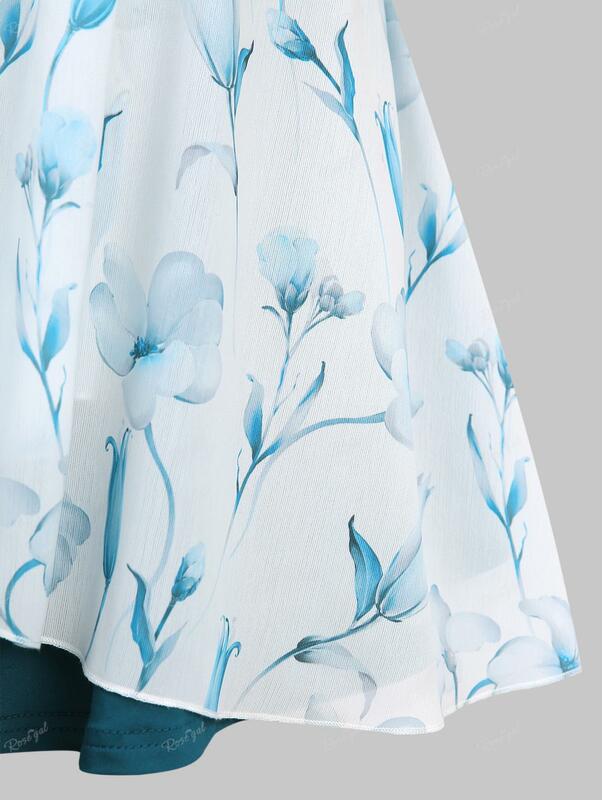 ROSEGAL blus ukuran besar wanita, kaus kasual leher persegi 2 dalam 1 potong renda putar bercetak daun bunga musim semi musim panas