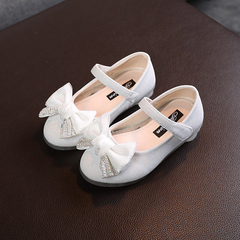 Girls Fashion Leather Shoes Kids Sweet High Heels Shiny Children Crystal Princess Shoes Students Cute Bow Dance Shoes for Party