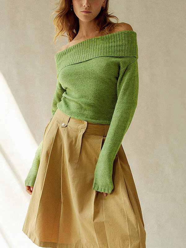 Suéter con hombros descubiertos para mujer, Jersey de punto acanalado de manga larga, camisa corta de punto ajustada, ropa de calle Y2k