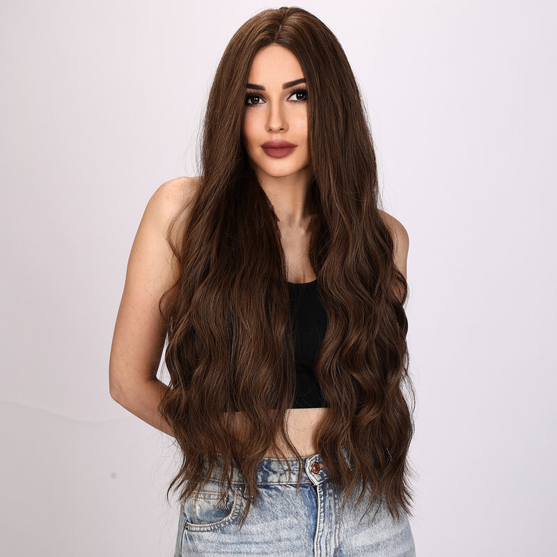 32 Inch Long Wavy Brown Middle Part Curly Wigs For Women Synthetic Fiber Natural Curly Hair Wig Lolita Reisitant Daily Wig