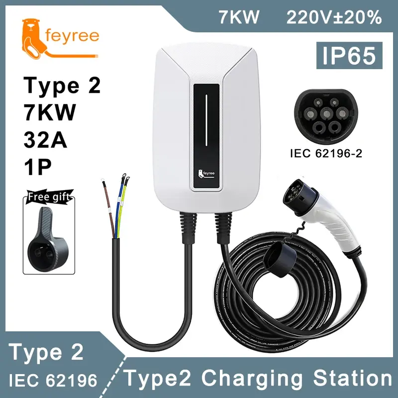 Feyree-EVSE Wallbox estação de carregamento para carro elétrico, tipo 2 Plug, Wallmount, tipo 2, soquete, 1 Phase, 5m cabo, 32A, 7KW, IEC62196-2
