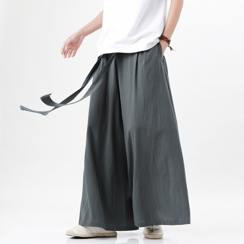 Pantalones Retro de algodón y lino de estilo chino para hombre, ropa de calle informal de pierna ancha, Kimono de verano, Color sólido, tradicional