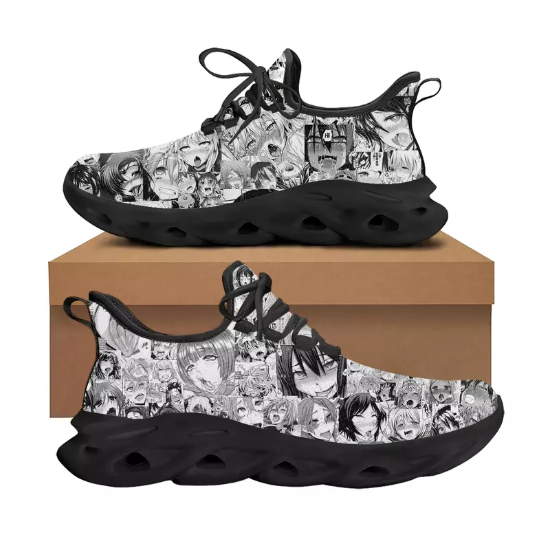 A-ahegao sepatu datar kartun Sneakers Pria Wanita sepatu lari olahraga kualitas tinggi DIY Sneakers berenda alas kaki dibuat sesuai pesanan sepatu