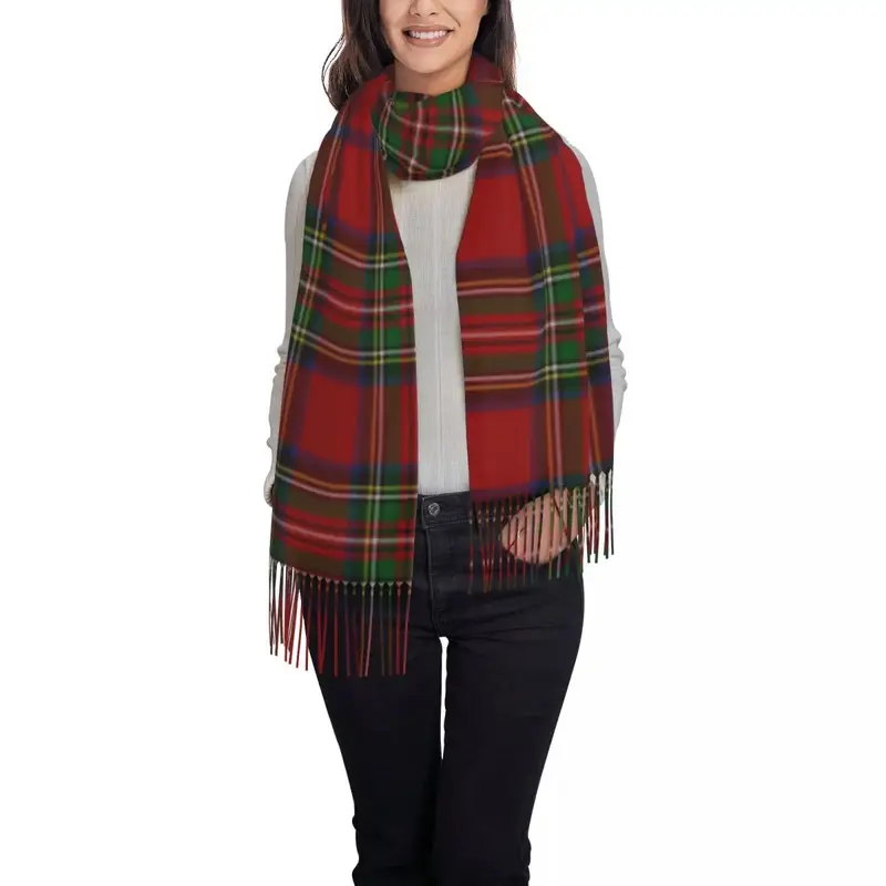 Elegante sciarpa con nappe del Clan del Tartan Royal Stewart scialli caldi invernali da donna avvolge sciarpe a quadretti geometrici femminili