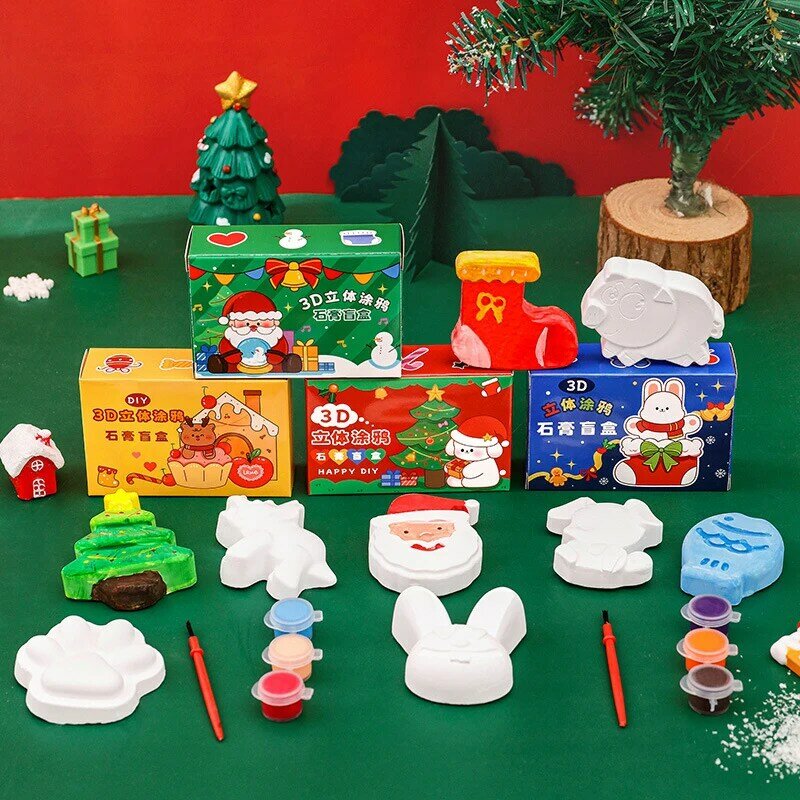 Caja de regalo de yeso de Navidad para estudiantes, juego de papelería, muñeca de yeso de Graffiti DIY, incluye pigmentos de pincel, suministros de regalo de Año Nuevo
