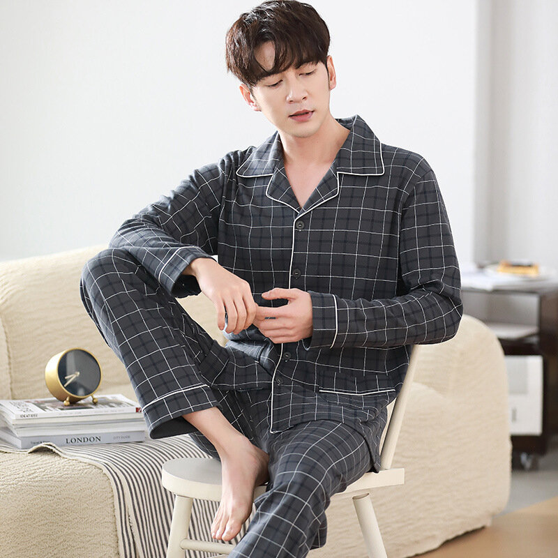 SUO&CHAO 2023 New Loose Casual Pajamas Sets For Mens Long Sleeve Lapel Cardigan And Pants 2PCS Sets Nightgown Homewear