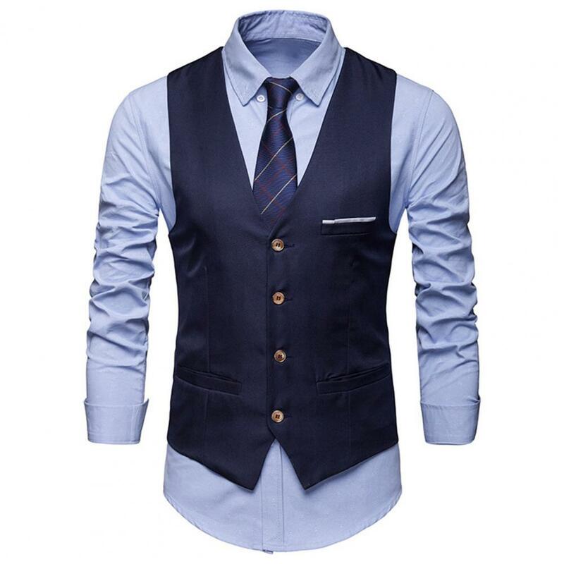 Pockets Removable White Strips Suit Vest Classic Solid Color Men Business Waistcoat Workwear